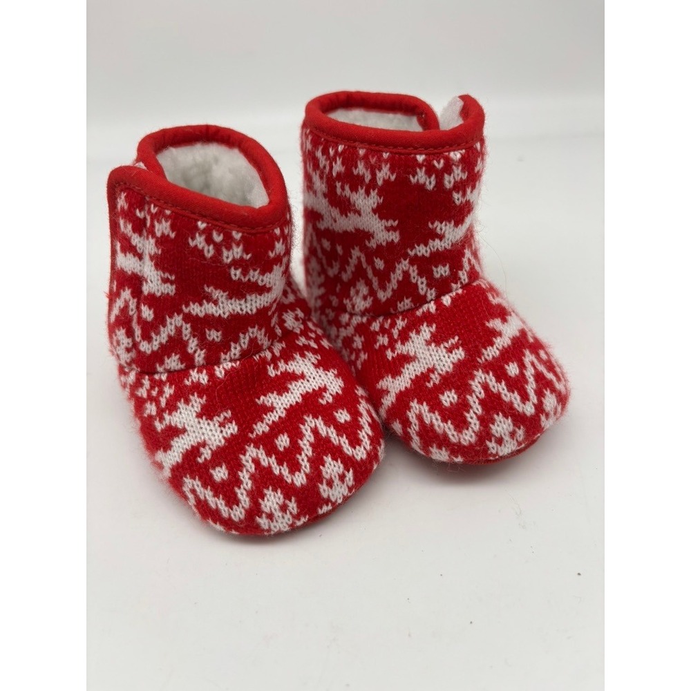 Little Me Booties Kids Size 1 Red White Fair Isle Reindeer Sweater Slippers